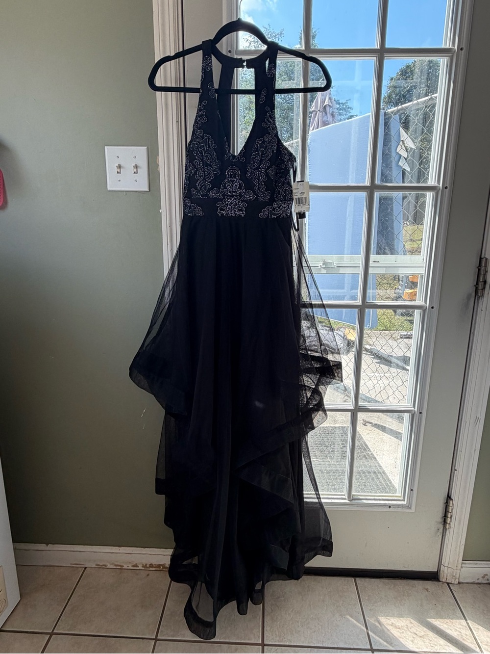 jcpenney Black Halter High-Low Evening Dress with White Embroidery New with Tag